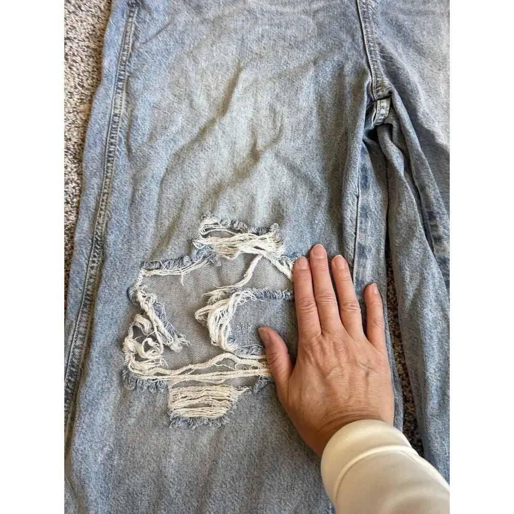 Free People Light Blue Distressed Denim Overalls